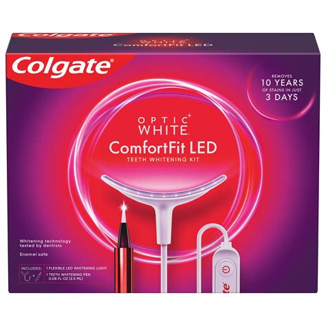 Get professional-level whitening in just 10 minutes a day* at home with the Colgate ® Optic White ComfortFit LED Teeth Whitening Kit! Fueled by purple wavelength technology, the LED device amplifies the hydrogen peroxide serum for exceptional whitening results. See more